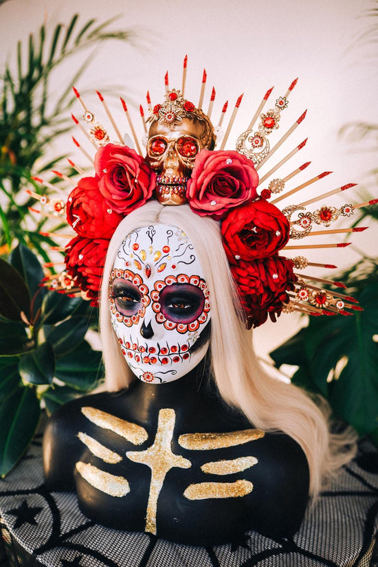 La Catrina Halo, Day of the Dead Crown, Skull Headdress, Red Rose Tiara, Sugar Skull Halo, Gold Headpiece,Halloween Crown,Dia de los Muertos