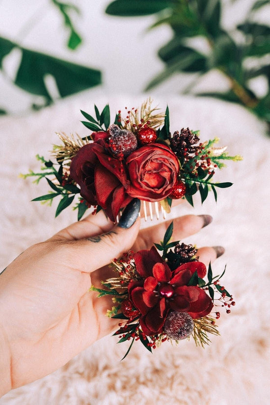 Burgundy Christmas hair comb and hair pin