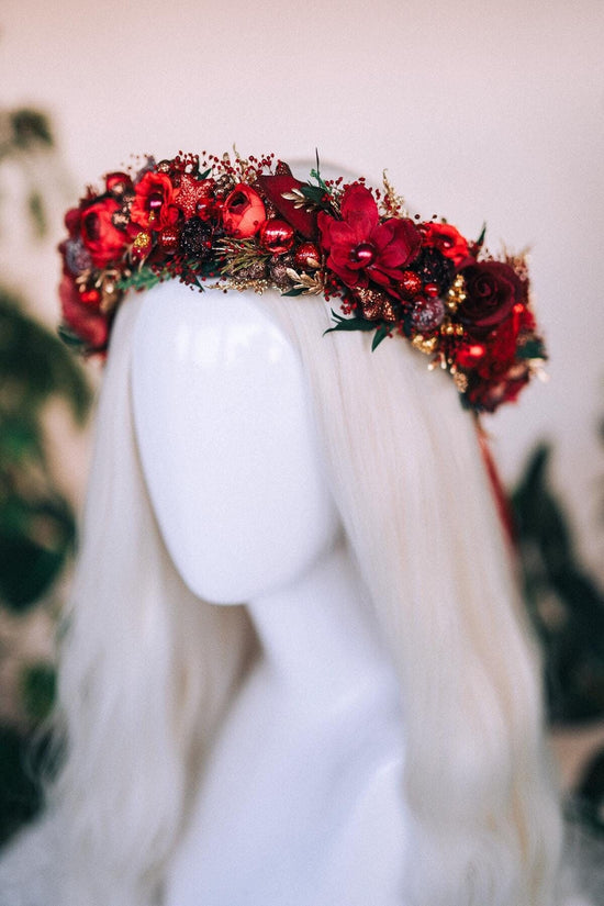 Burgundy Christmas flower hair wreath