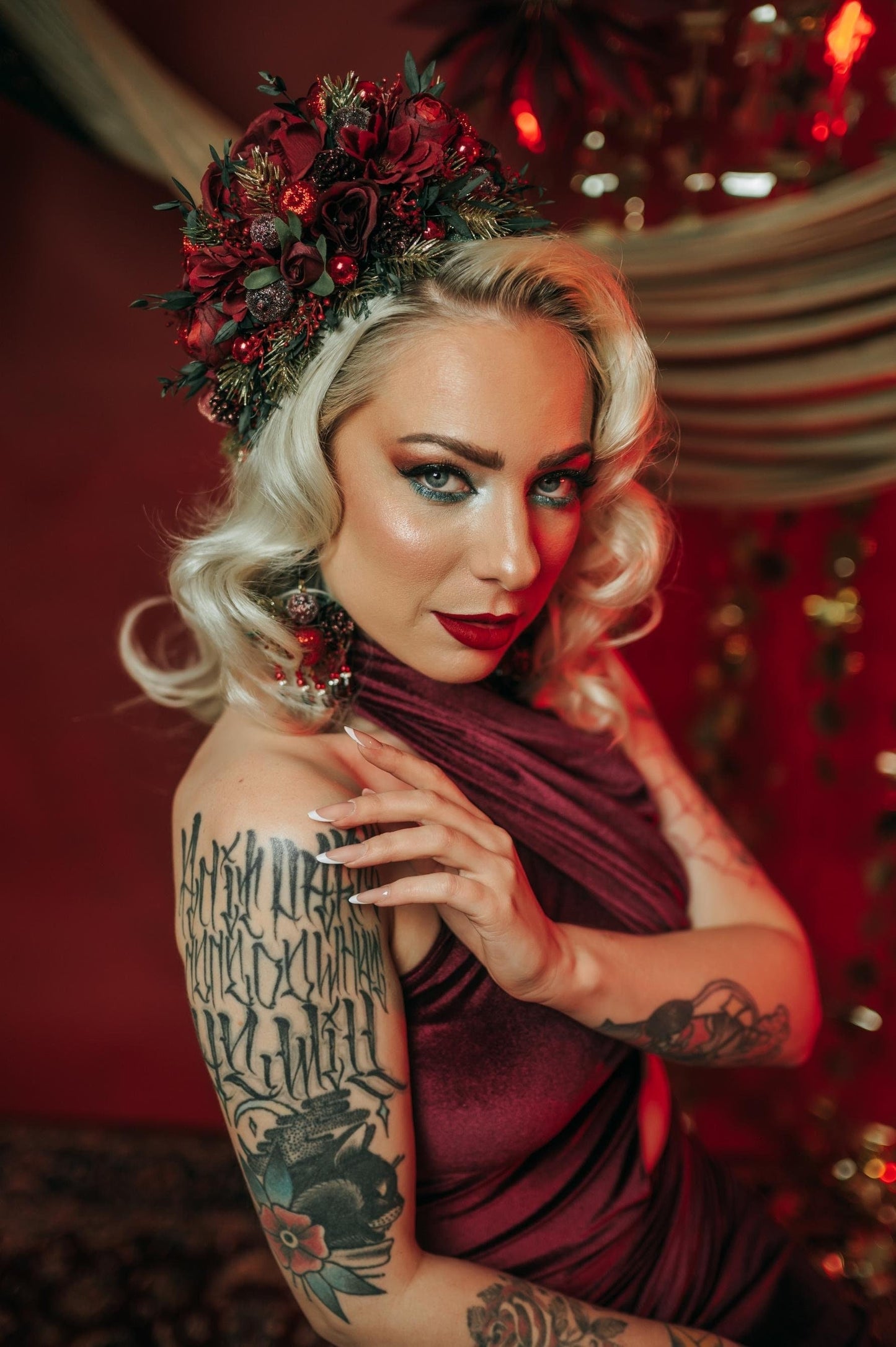 Burgundy winter flower earrings