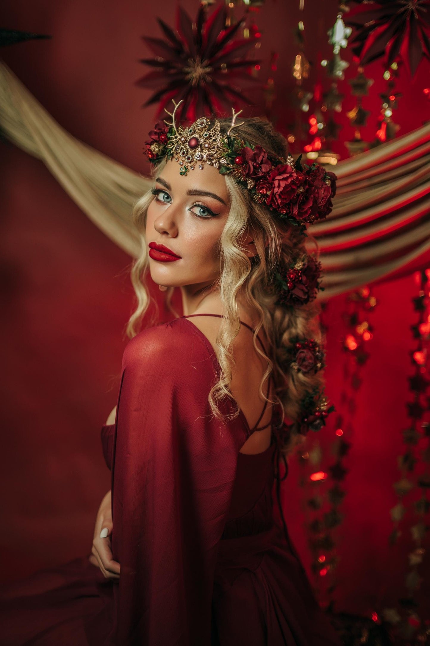 Burgundy Festive Reindeer Christmas hair wreath