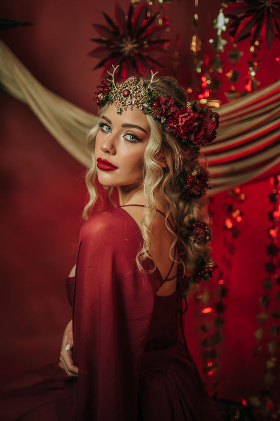 Burgundy Festive Reindeer Christmas hair wreath