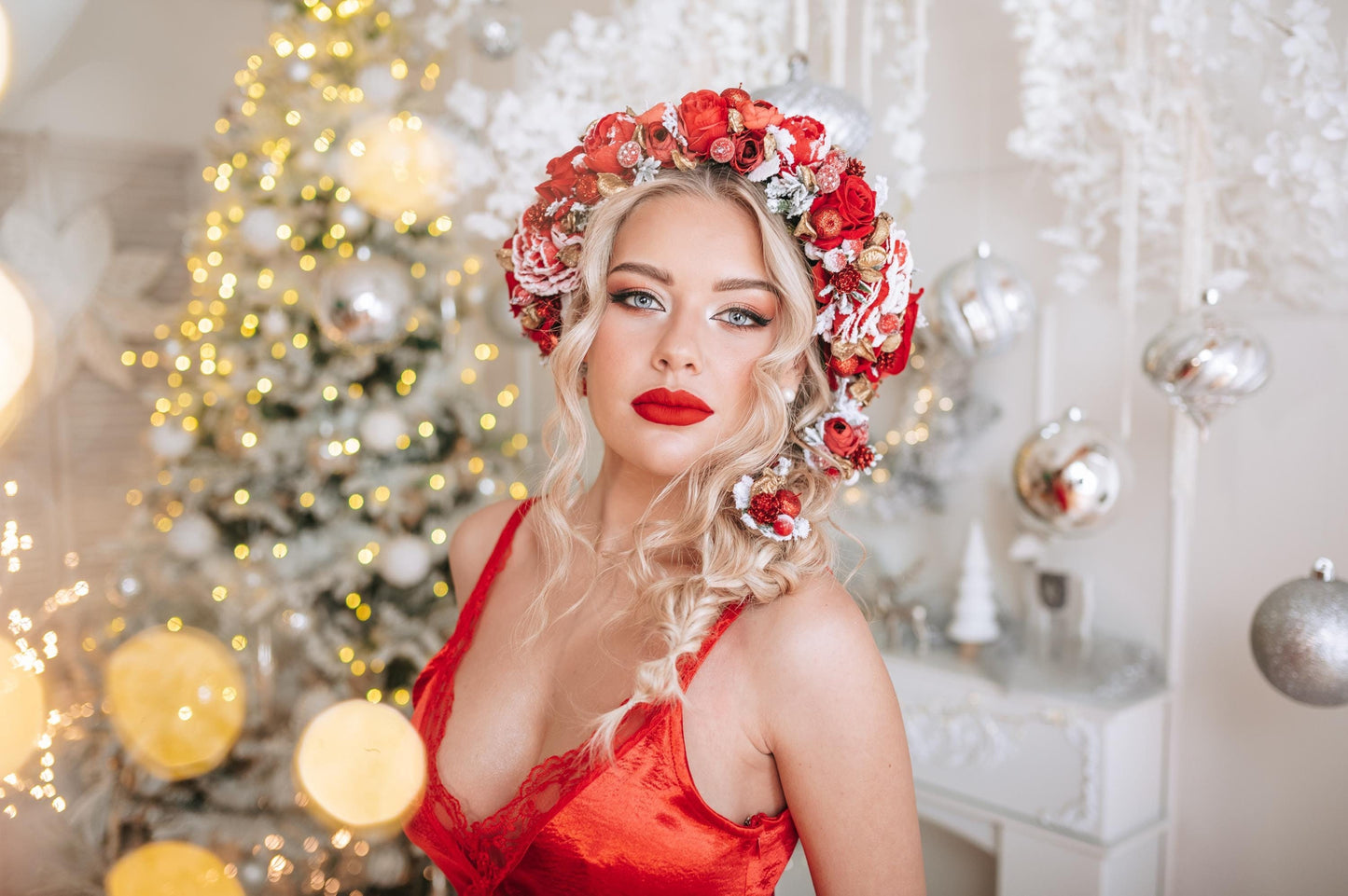 Red winter wedding flower crown