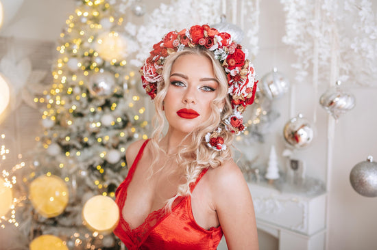 Red winter wedding flower crown