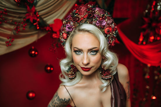 Red Christmas party earrings, Winter photo pops, Romantic flower earrings, Flower earrings, Wedding jewelry, Bridal earrings, Winter photo