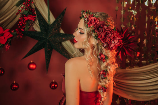 Christmas headband, Christmas party headband, Christmas flower crown, Merry Christmas, Christmas hair wreath, Burgundy flower crown, Boho