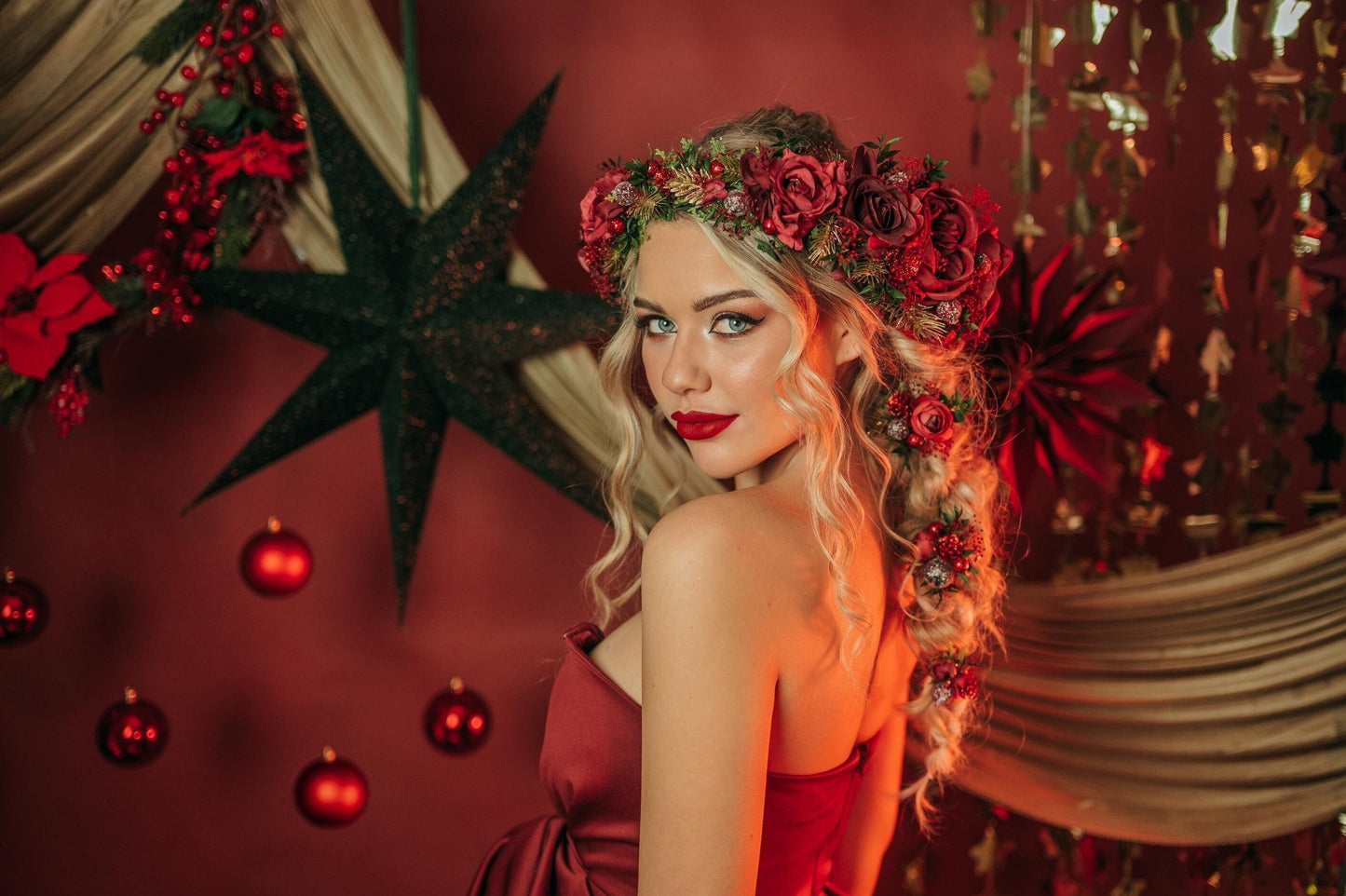 Burgundy Christmas flower hairpins and hair wreath
