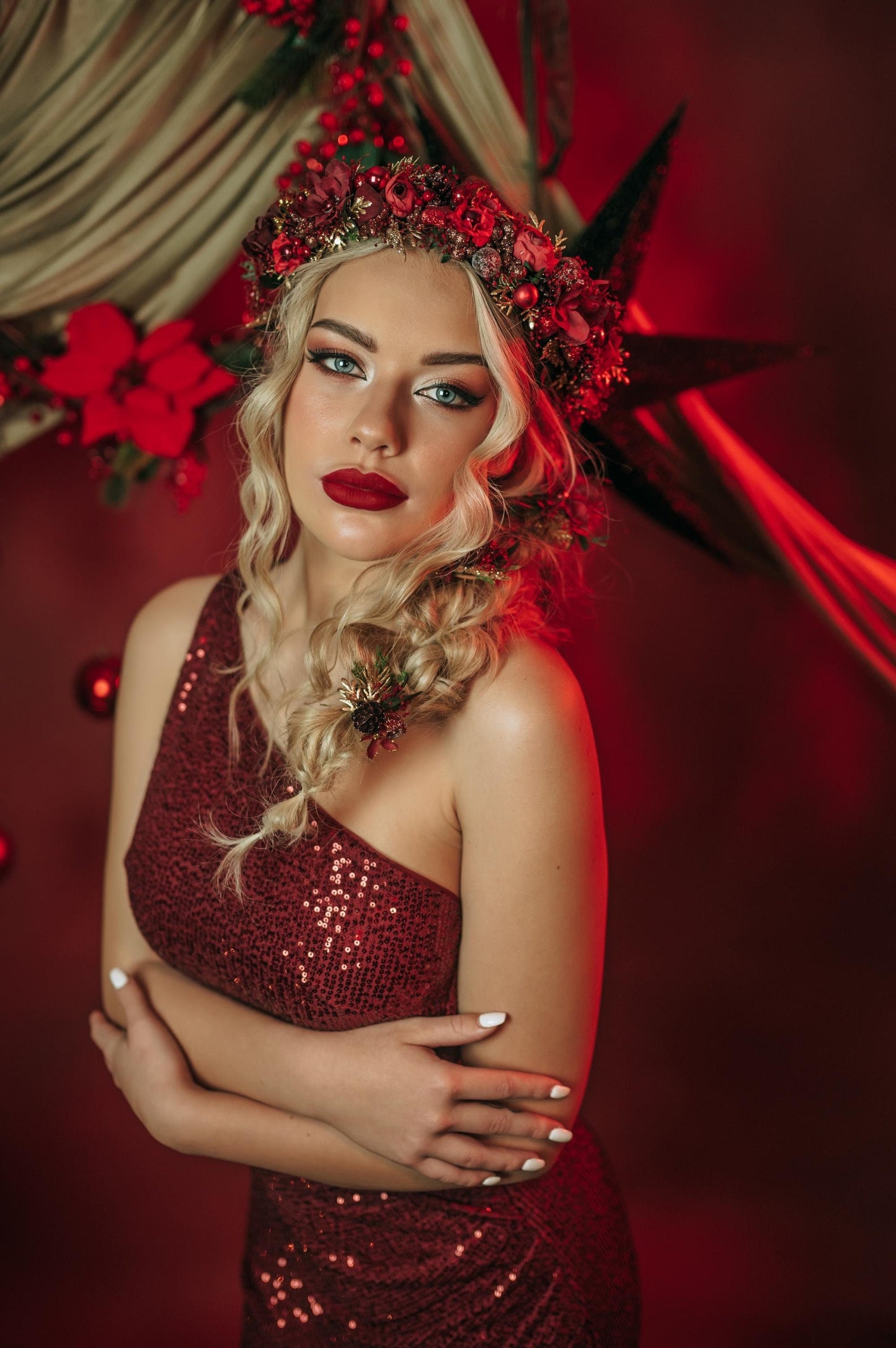 Festive burgundy flower hair wreath