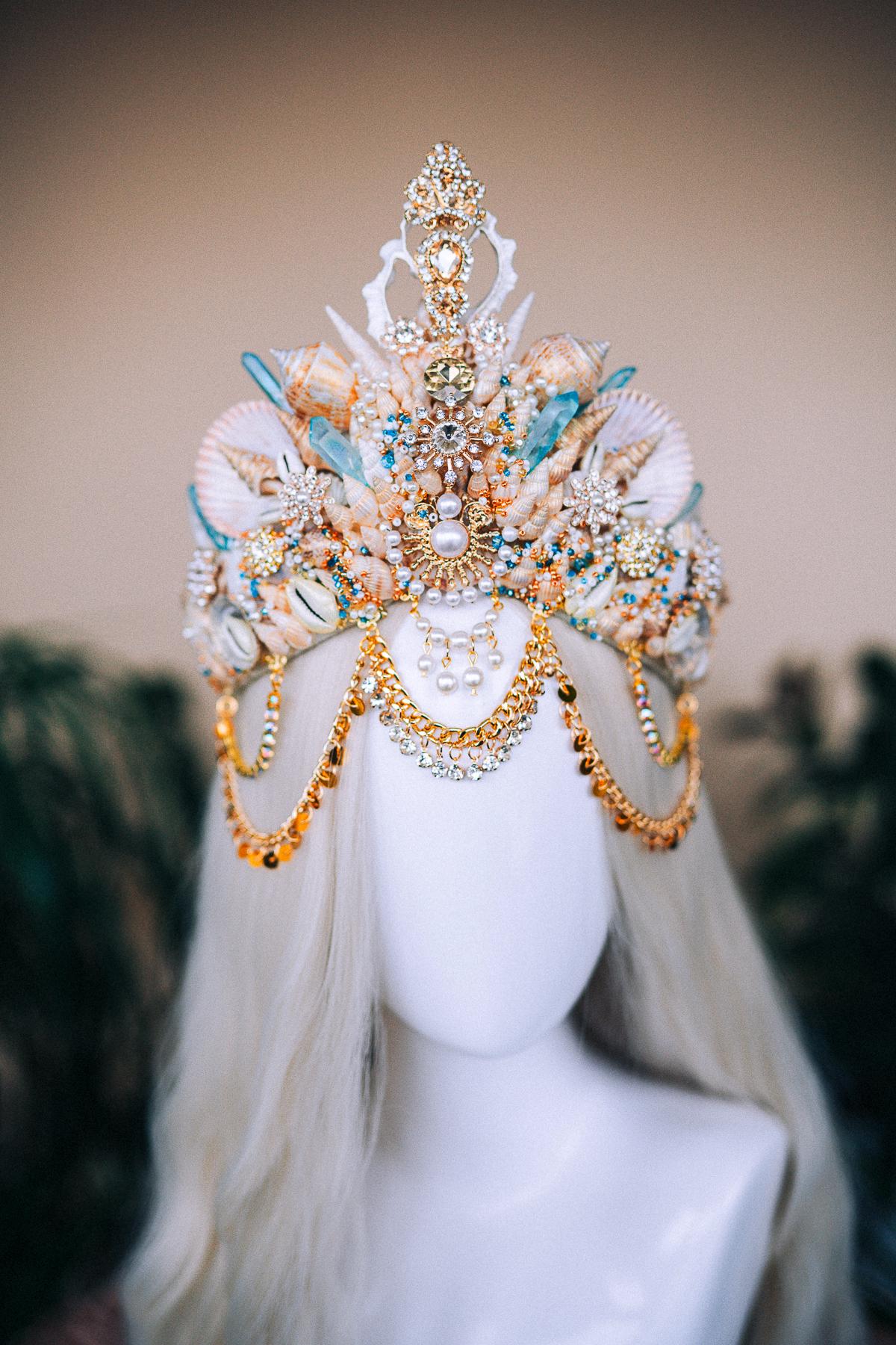 Golden Seashell Crown, Mermaid Wedding Tiara, Fantasy Ocean Headpiece, Shell Bridal Crown, Beach Goddess Crown, Boho Festival Headdress