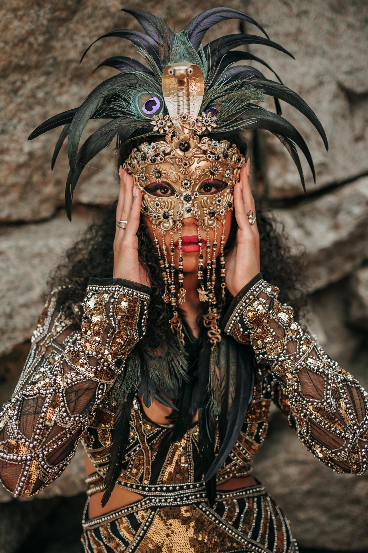 Cleopatra Feather Mask, Golden Cobra Masquerade, Peacock Feather Mask, Mardi Gras Carnival Mask, Cleopatra Costume Accessory, Festival Mask