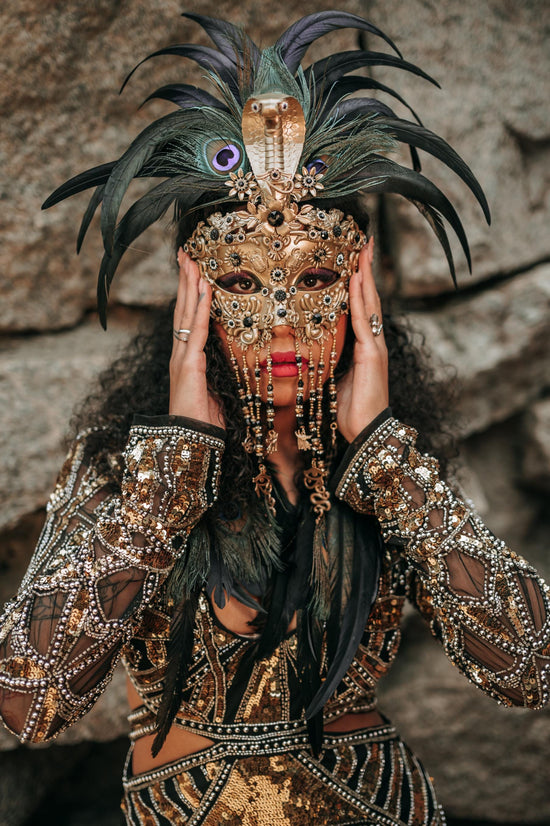 Cleopatra Feather Mask, Golden Cobra Masquerade, Peacock Feather Mask, Mardi Gras Carnival Mask, Cleopatra Costume Accessory, Festival Mask