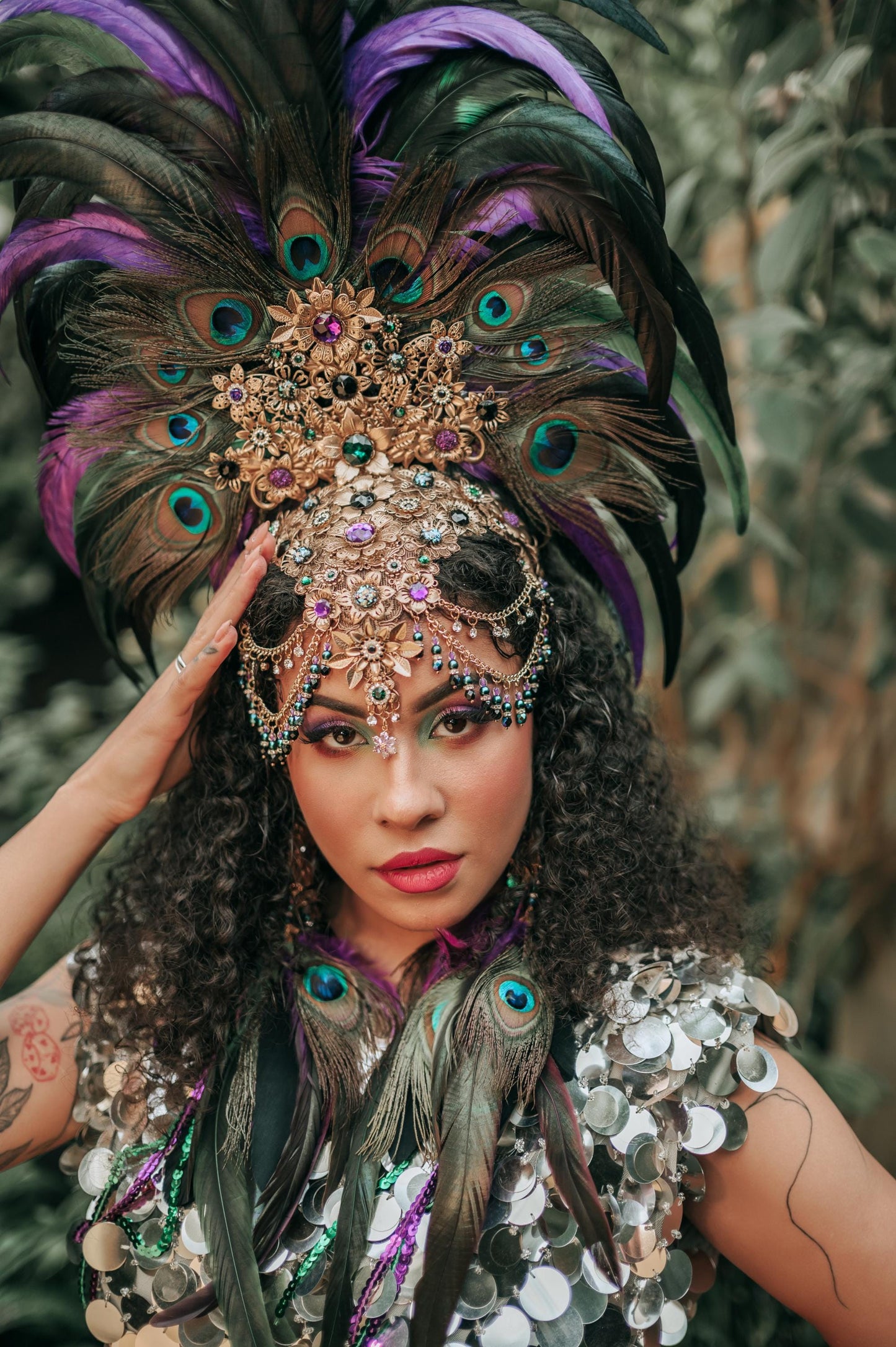 Carnival Peacock Feather Crown, Festival Headpiece with Earrings, Burlesque Showgirl Costume, Boho Peacock Tiara, Party Costume Accessories