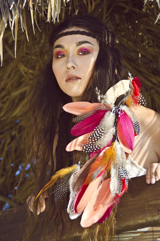 Boho Feather Headband, Tribal Festival Crown, Red Peach Headdress, Burning Man Hair Accessory, Hippie Style, Bohemian Spirit Costume
