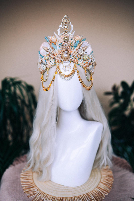 Golden Seashell Crown, Mermaid Wedding Tiara, Fantasy Ocean Headpiece, Shell Bridal Crown, Beach Goddess Crown, Boho Festival Headdress