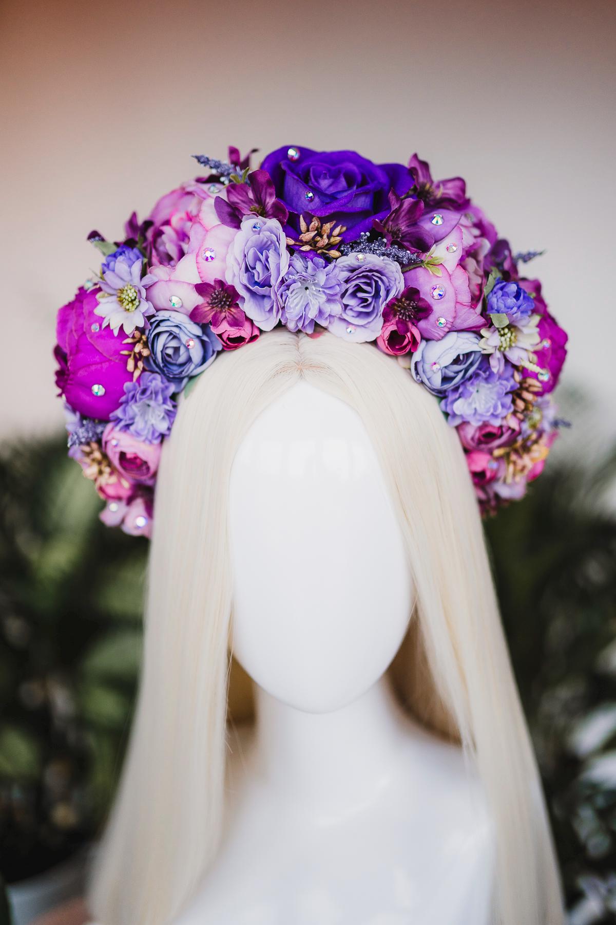 SALE Flower Crown, Purple Flower Crown, Flower Headpiece, Floral Crown, Frida Crown, Flower Headband, Headpiece, Pregnancy Photo, Goddess