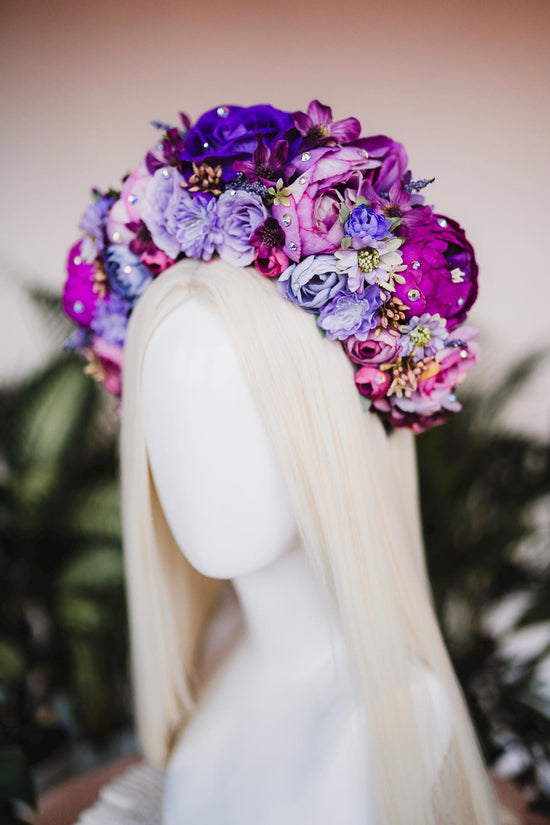 SALE Flower Crown, Purple Flower Crown, Flower Headpiece, Floral Crown, Frida Crown, Flower Headband, Headpiece, Pregnancy Photo, Goddess