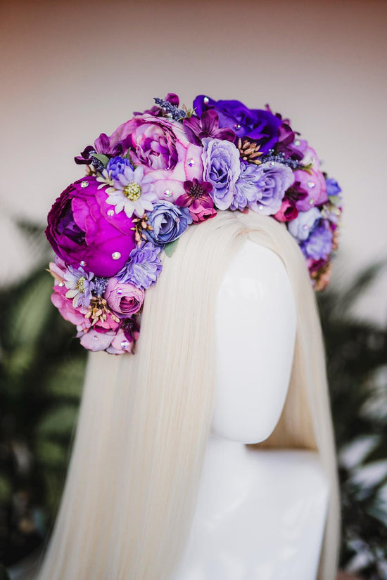 SALE Flower Crown, Purple Flower Crown, Flower Headpiece, Floral Crown, Frida Crown, Flower Headband, Headpiece, Pregnancy Photo, Goddess