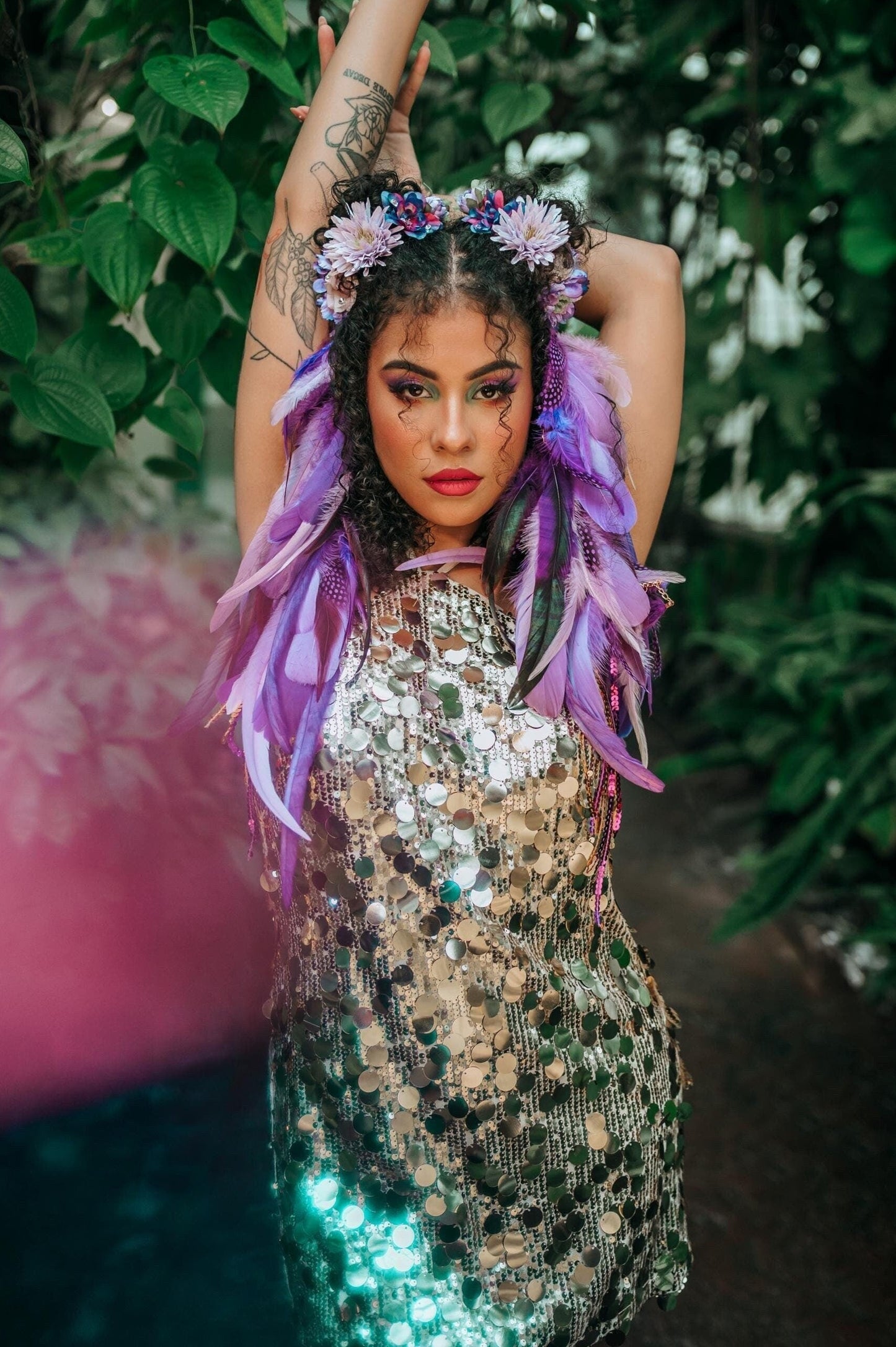 Purple Carnival hair clips with feather and flowers