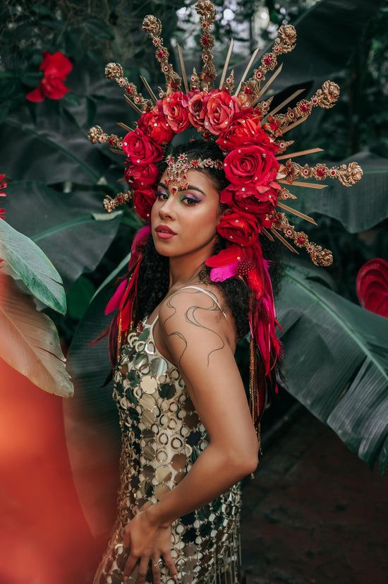 Red Halo Crown, Floral Carnival Headpiece, Gold Festival Tiara, Showgirl Costume Crown, Boho Party Headpiece, Statement Festival Accessories