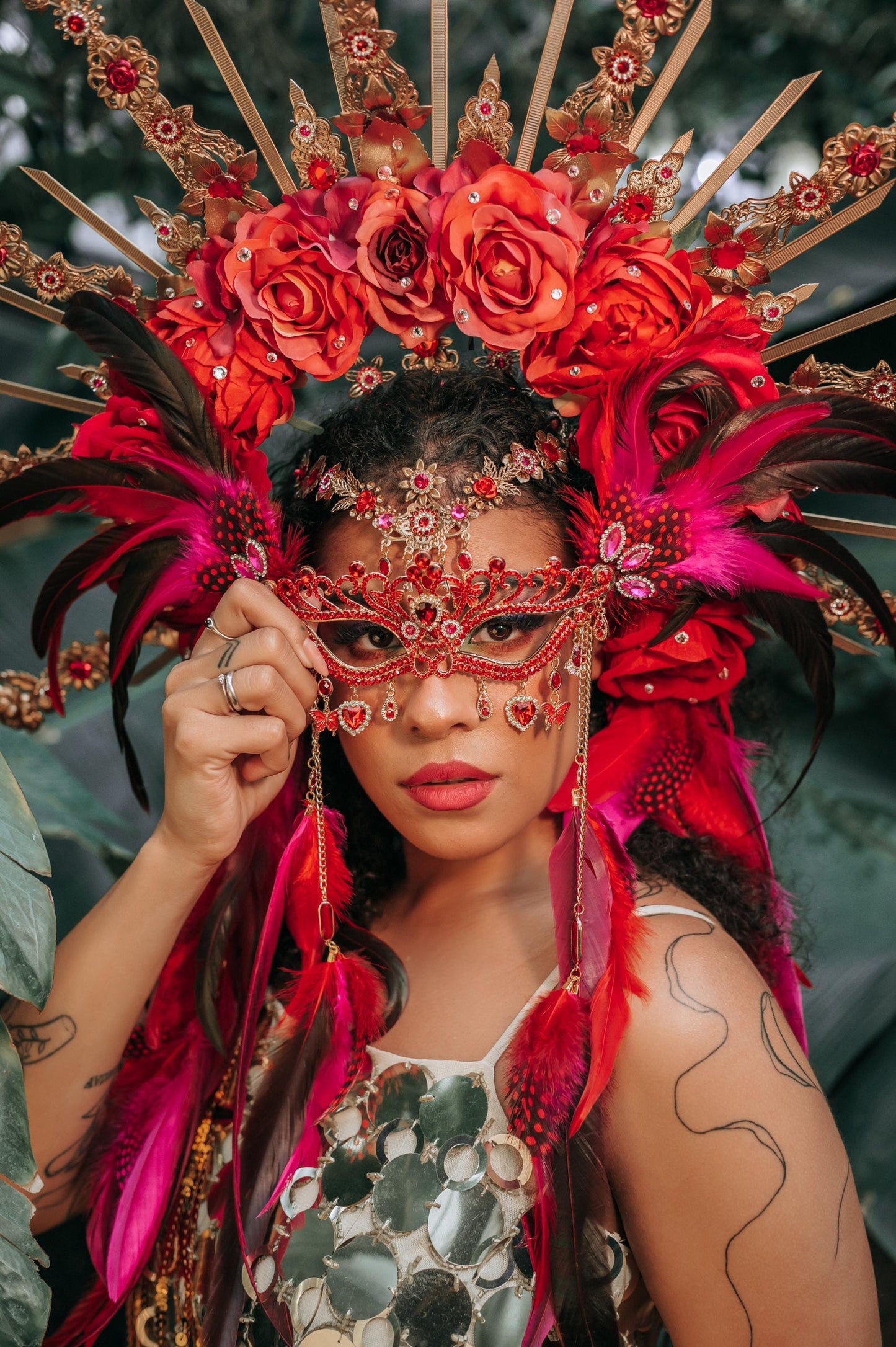 Red Halo Crown, Floral Carnival Headpiece, Gold Festival Tiara, Showgirl Costume Crown, Boho Party Headpiece, Statement Festival Accessories