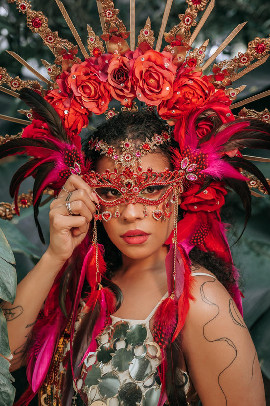 Red Halo Crown, Floral Carnival Headpiece, Gold Festival Tiara, Showgirl Costume Crown, Boho Party Headpiece, Statement Festival Accessories