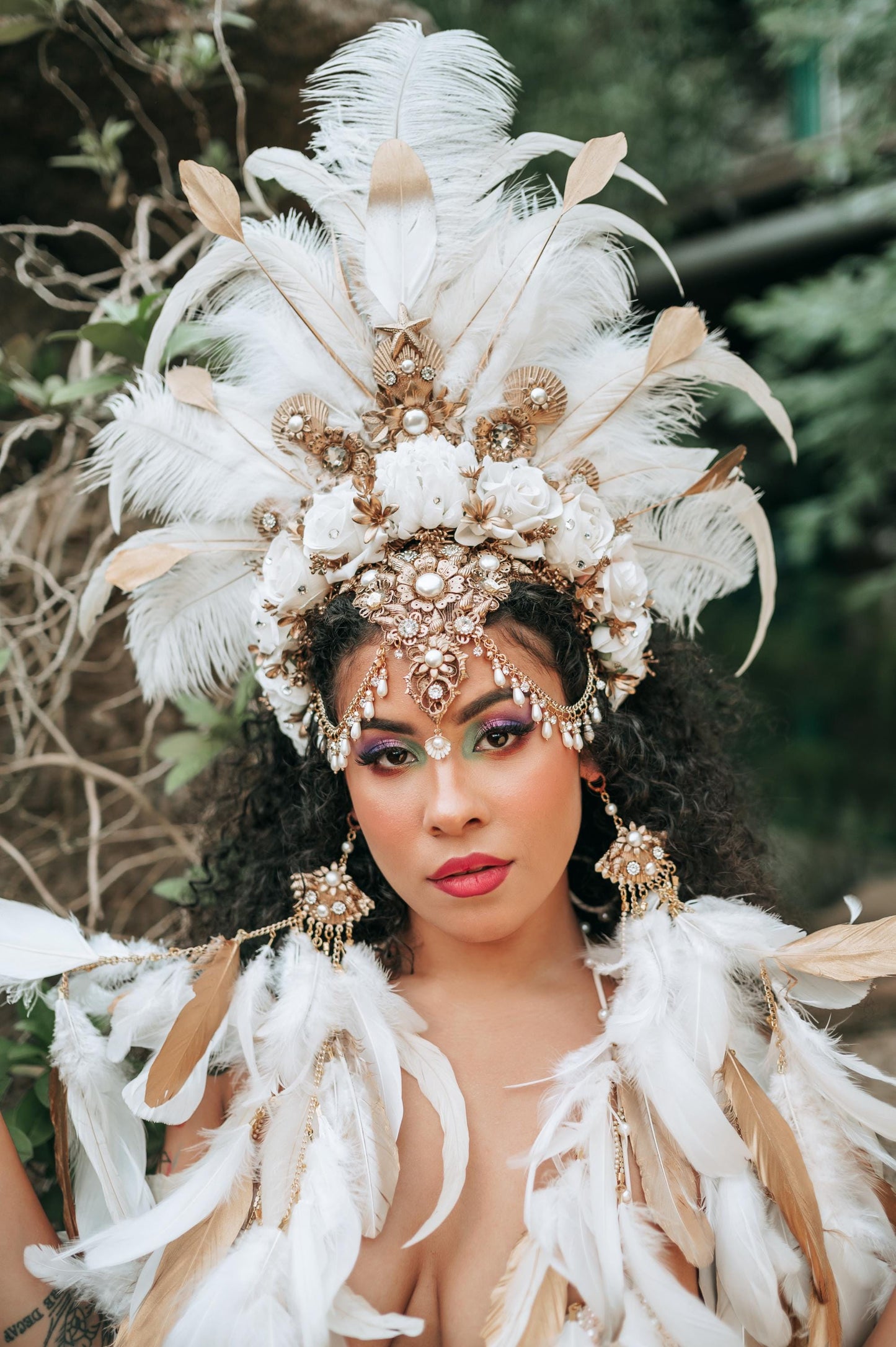 Mermaid Feather Earrings, Seashell Festival Jewelry, Pearl Carnival Earrings, Boho Costume Accessories, Showgirl Statement Earrings