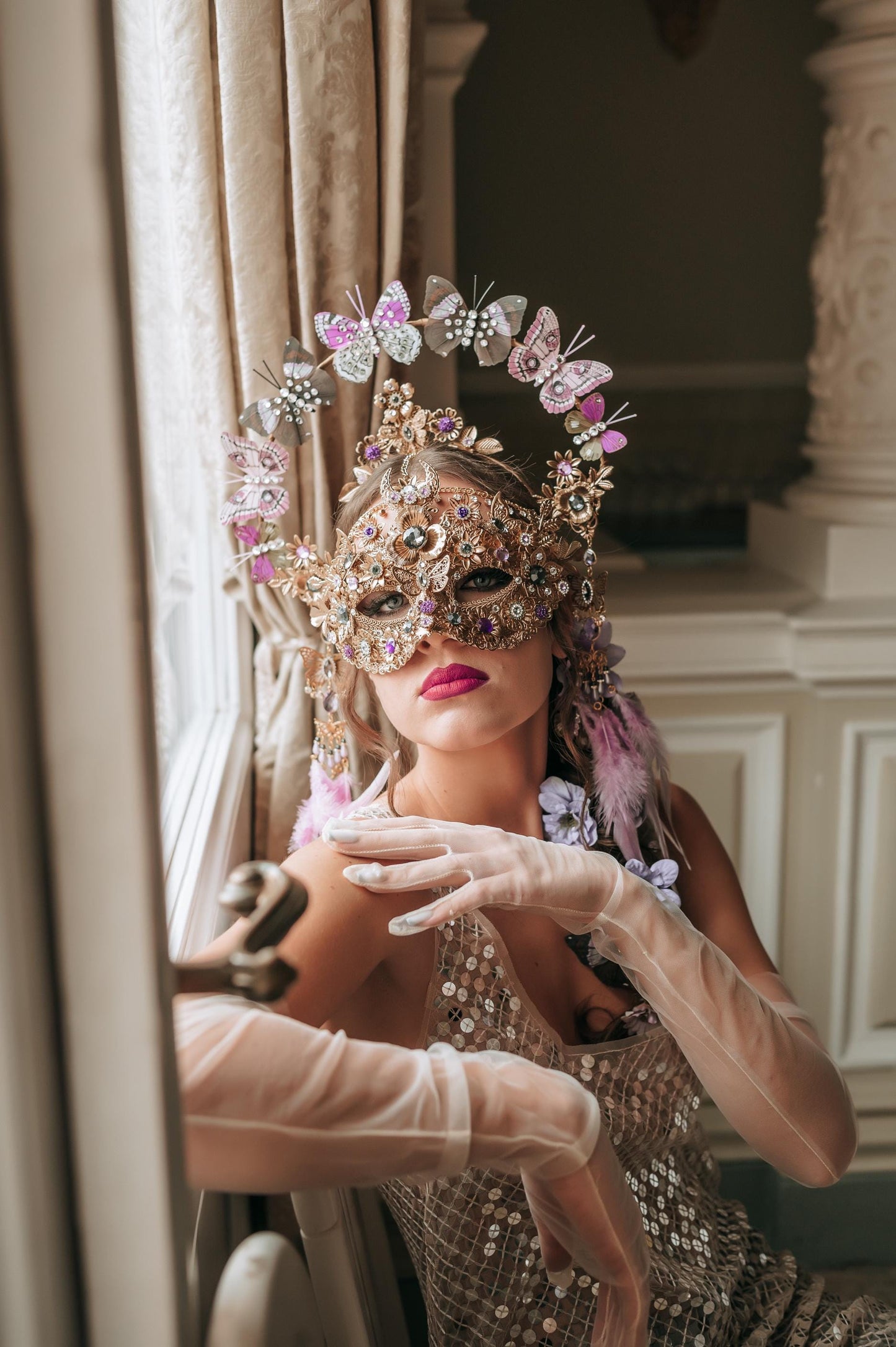 Butterfly Halo Crown, Elegant Headdress with Gold Details, Crystals, and Butterflies for Masquerade Balls, Weddings, Costume Events