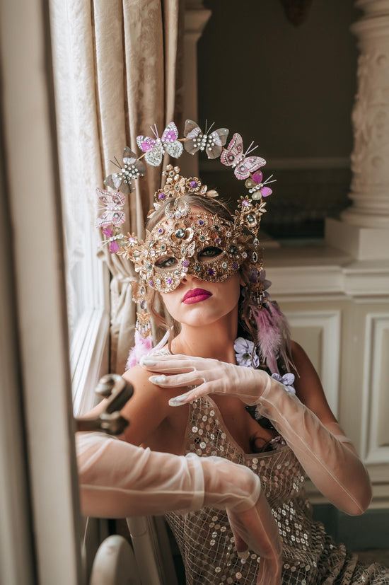 Butterfly Halo Crown, Elegant Headdress with Gold Details, Crystals, and Butterflies for Masquerade Balls, Weddings, Costume Events