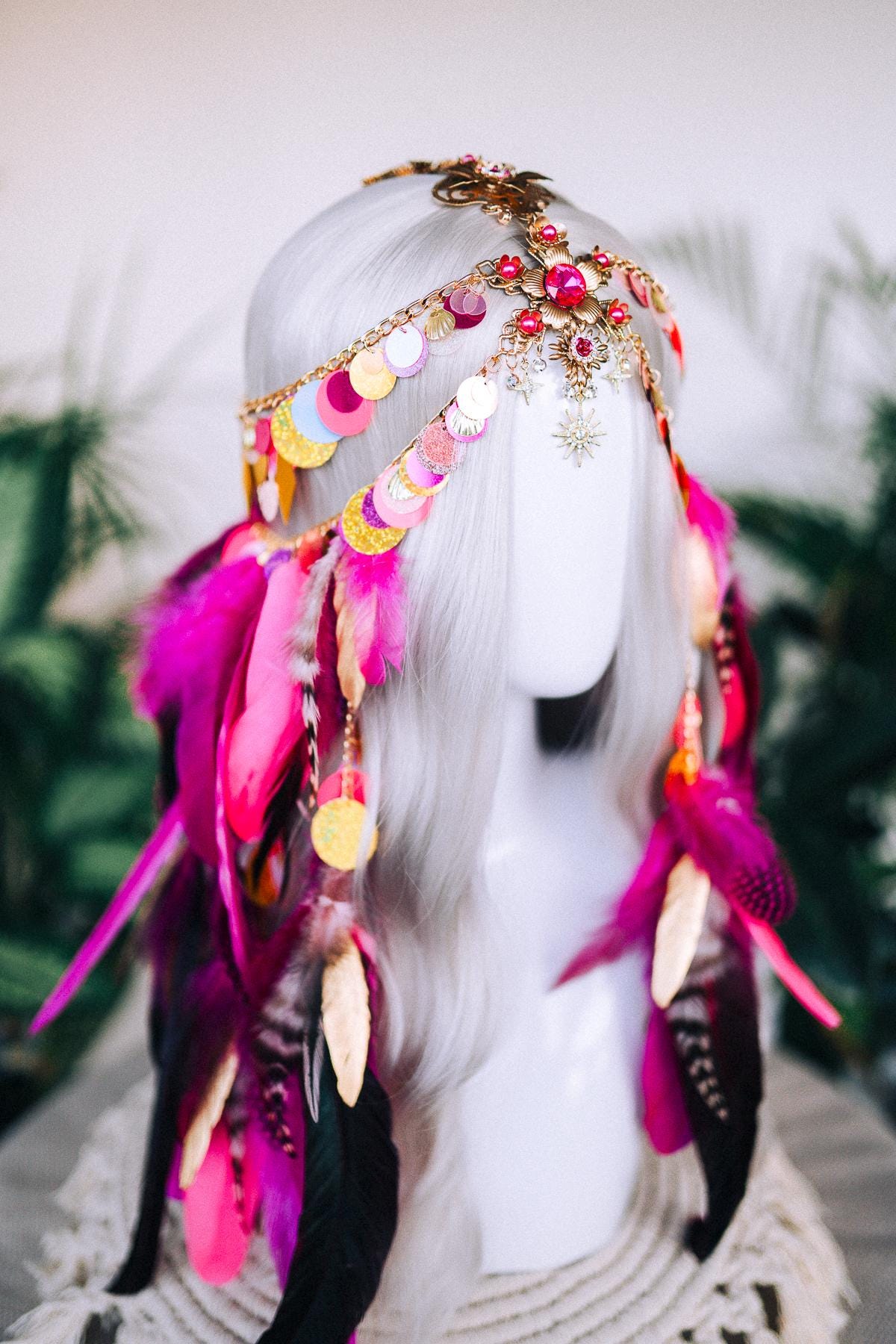 Festival Feather Headpiece, Chain Sequin Headband, Colorful Boho Tiara, Carnival Costume Accessory, Halloween Headdress, Party Hairpiece