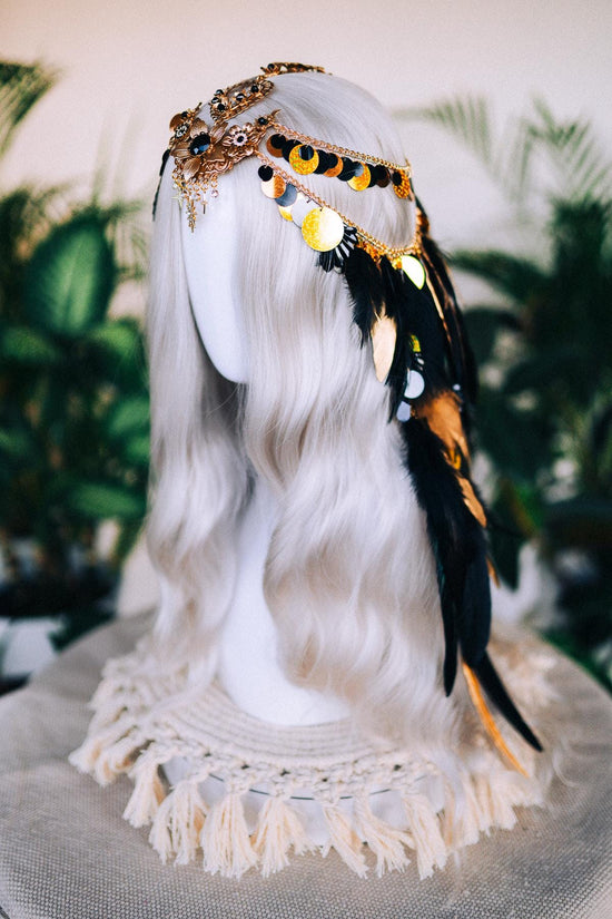 Gold Black Feather Headpiece, Festival Crown, Celestial Chain Tiara, Halloween Accessory, Boho Headpiece for Carnival