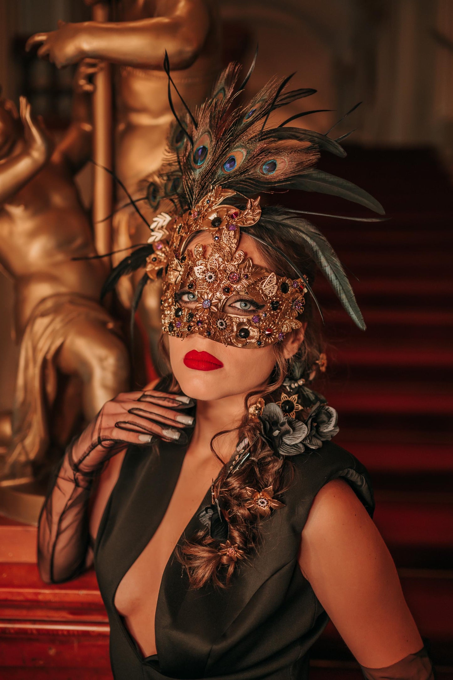 Silver Peacock Masquerade Mask Dark Baroque Goddess Headpiece
