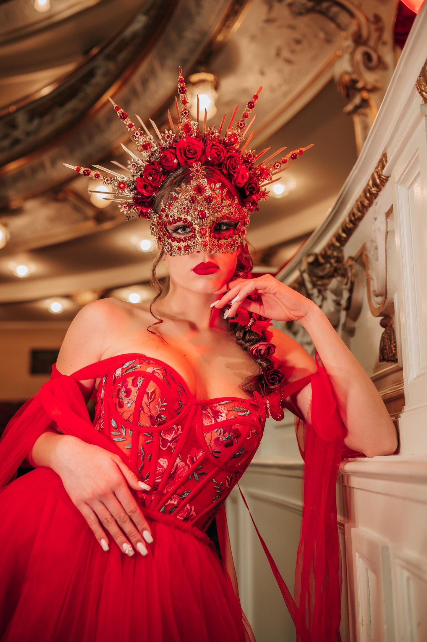 Red Goddess Mask Crystal Masquerade Headpiece CARBICKOVA CROWNS Red Goddess Mask Crystal Masquerade Headpiece CARBICKOVA CROWNS