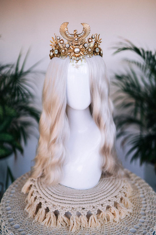 Golden Cleopatra Crown, Egyptian Goddess Headpiece, Festival Tiara, Halloween Costume, Pharaoh Queen, Gold Statement Crown