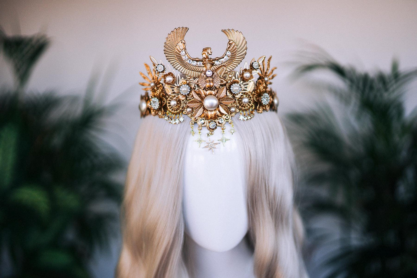 Golden Cleopatra Crown, Egyptian Goddess Headpiece, Festival Tiara, Halloween Costume, Pharaoh Queen, Gold Statement Crown