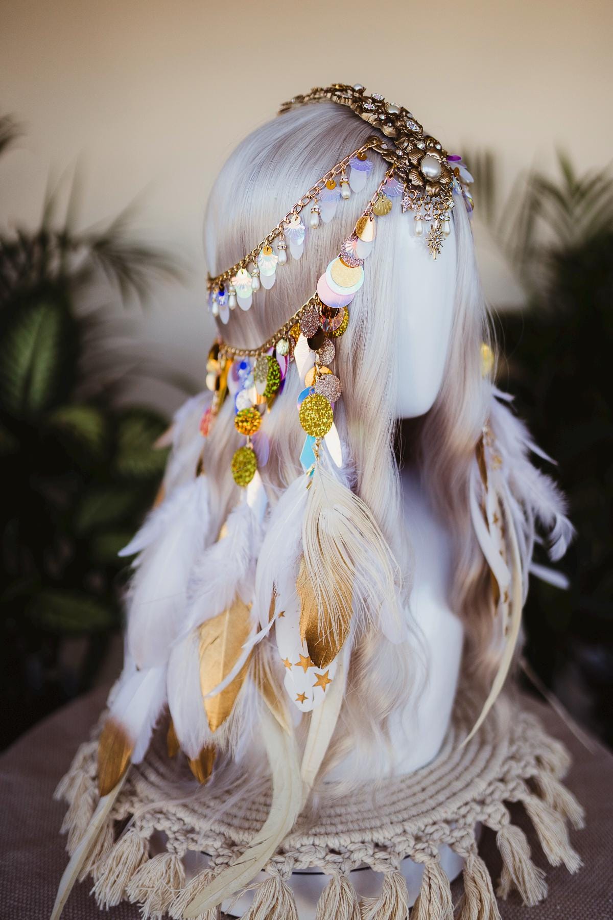 Boho Feather Crown, Festival Headpiece, Bridal Halo Tiara, Sequins Carnival Hair Accessory, Wedding Bohemian Headband, Handmade Party Crown