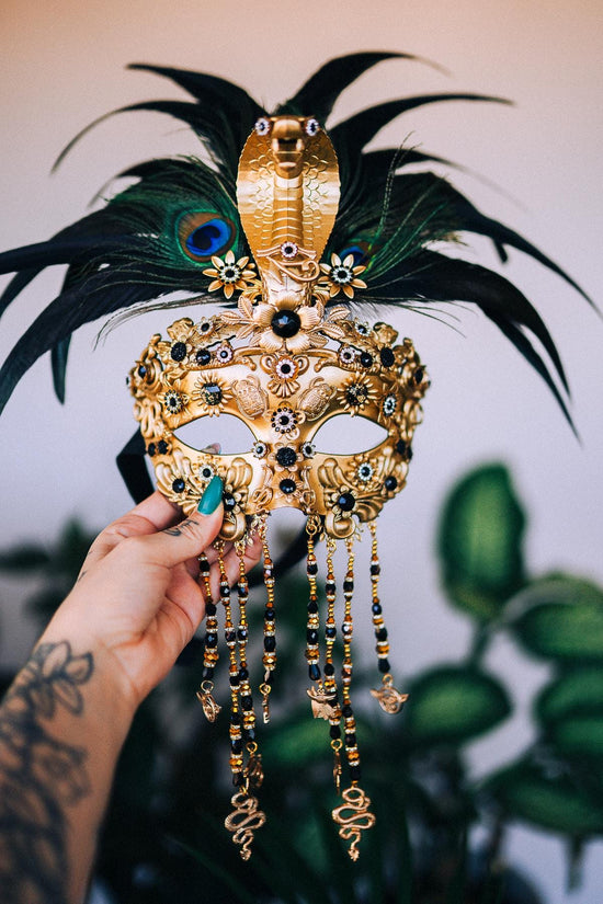 Cleopatra Feather Mask, Golden Cobra Masquerade, Peacock Feather Mask, Mardi Gras Carnival Mask, Cleopatra Costume Accessory, Festival Mask