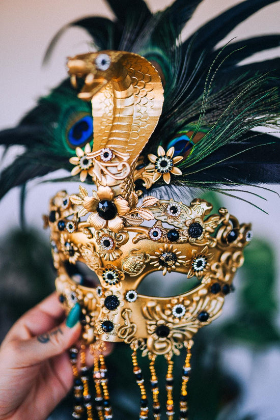 Cleopatra Feather Mask, Golden Cobra Masquerade, Peacock Feather Mask, Mardi Gras Carnival Mask, Cleopatra Costume Accessory, Festival Mask
