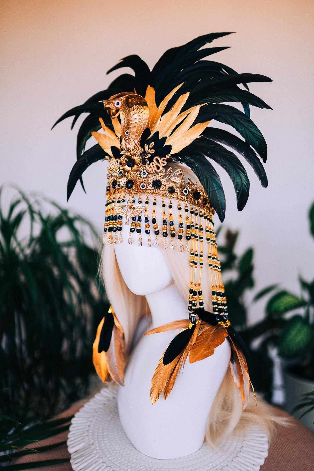 Cleopatra Feather Crown, Luxurious Headdress, Carnival Queen Costume, Cleopatra Halloween Crown, Mardi Gras Festival Headdress,Feather Crown