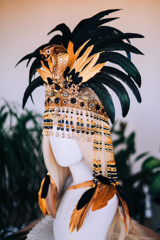 Cleopatra Feather Crown, Luxurious Headdress, Carnival Queen Costume, Cleopatra Halloween Crown, Mardi Gras Festival Headdress,Feather Crown