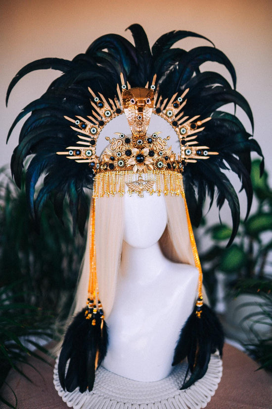 Cleopatra Feather Crown, Snake Headpiece, Egyptian Festival Crown, Mardi Gras Queen Accessory, Luxurious Cleopatra Headdress for Halloween