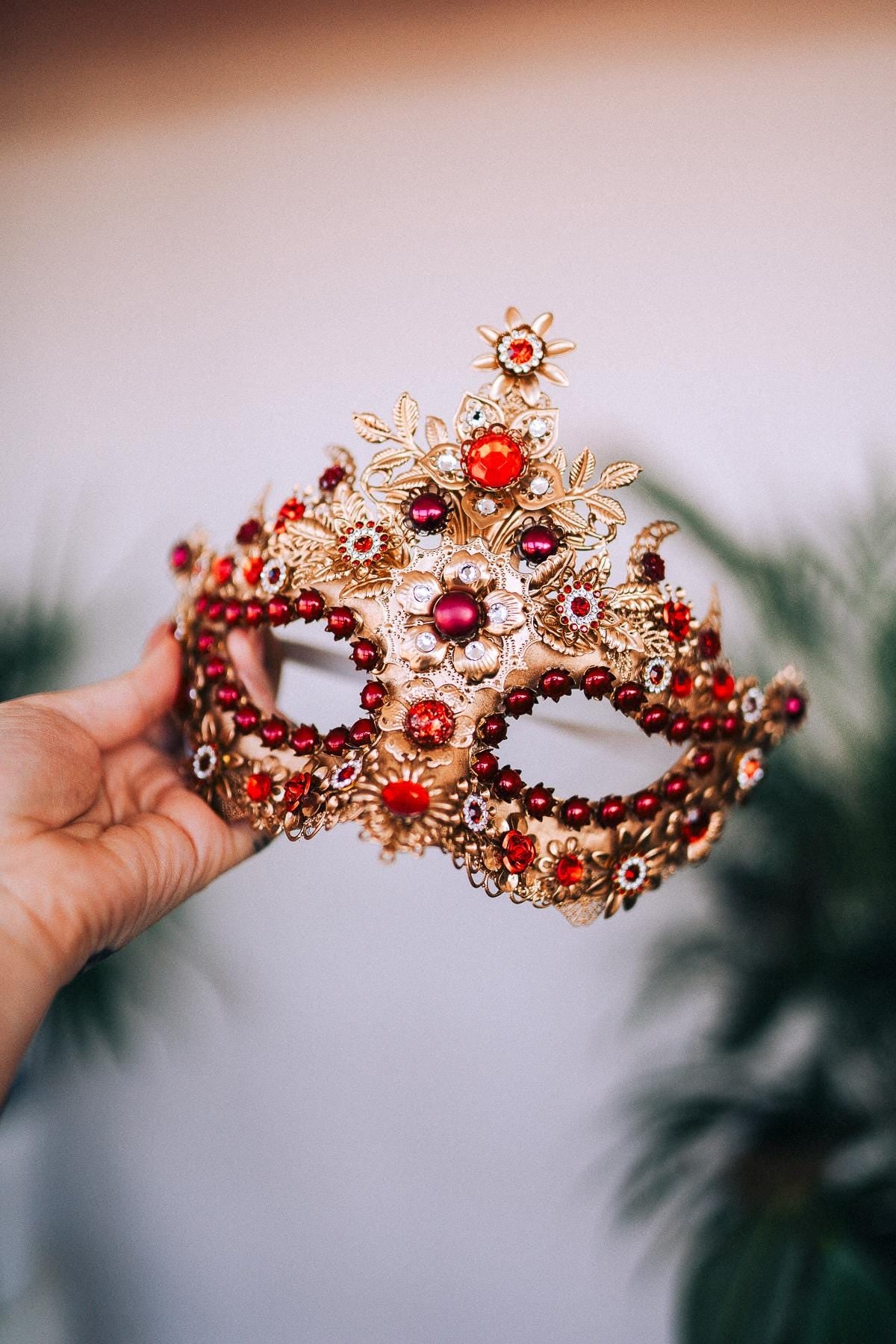 Red Floral Halo Crown, Spiked Headpiece with Roses and Crystals, Luxury Headdress for Masquerade Balls, Festivals, Weddings & Special Events