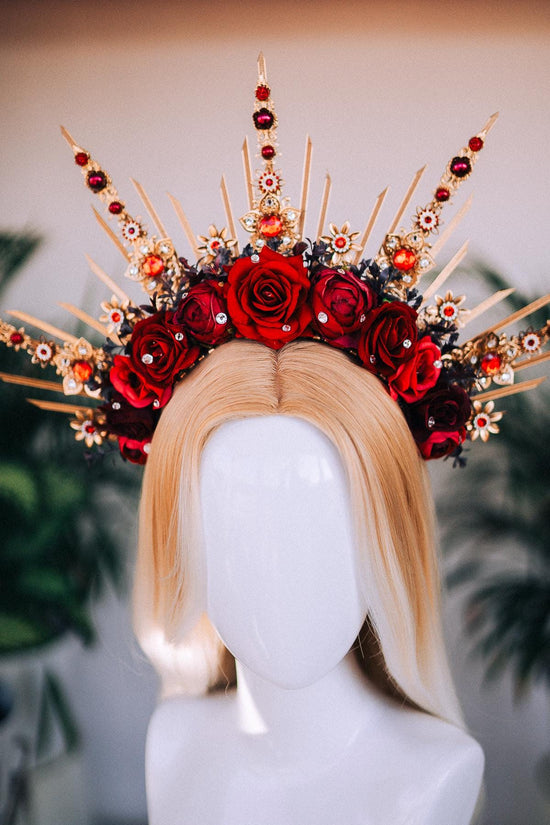 Red Floral Halo Crown, Spiked Headpiece with Roses and Crystals, Luxury Headdress for Masquerade Balls, Festivals, Weddings & Special Events