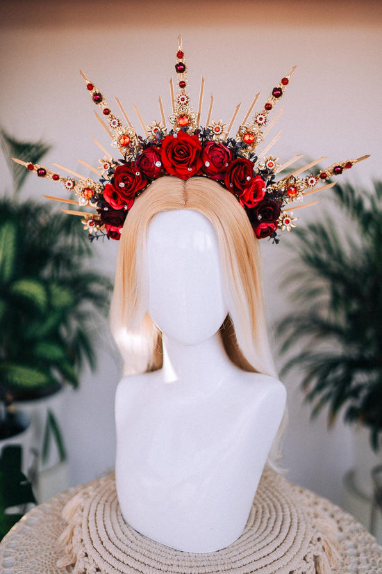 Red Gold Masquerade Mask, Luxury Floral Mask with Crystals, Elegant Carnival Accessory for Balls, Festivals, Weddings & Costume Events