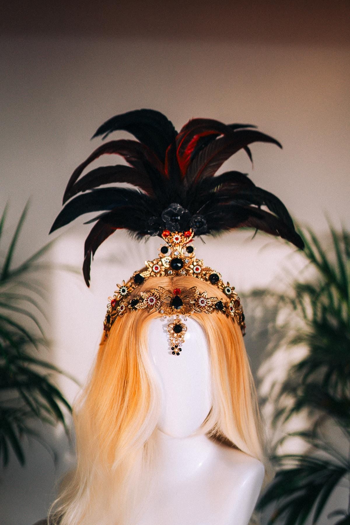 Venetian Carnival Crown, Luxury Masquerade Headdress, Feather Headpiece for Balls, Festivals, Mardi Gras & Venetian Parties, Venetian mask