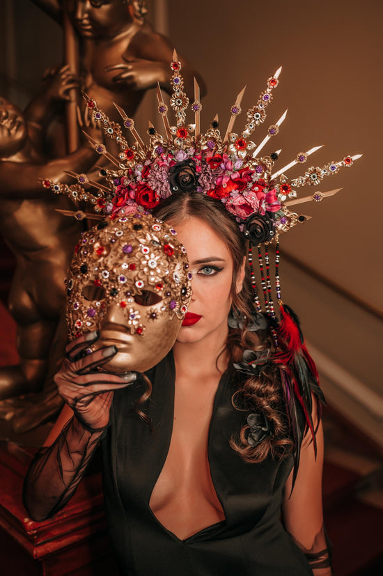 Carnival Mask, Gold Masquerade, Venetian Costume, Baroque Face Mask, Red Black Accessory, Festival Ball Mask, Gothic Theatrical Mask