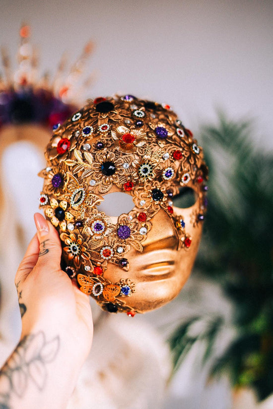 Carnival Mask, Gold Masquerade, Venetian Costume, Baroque Face Mask, Red Black Accessory, Festival Ball Mask, Gothic Theatrical Mask