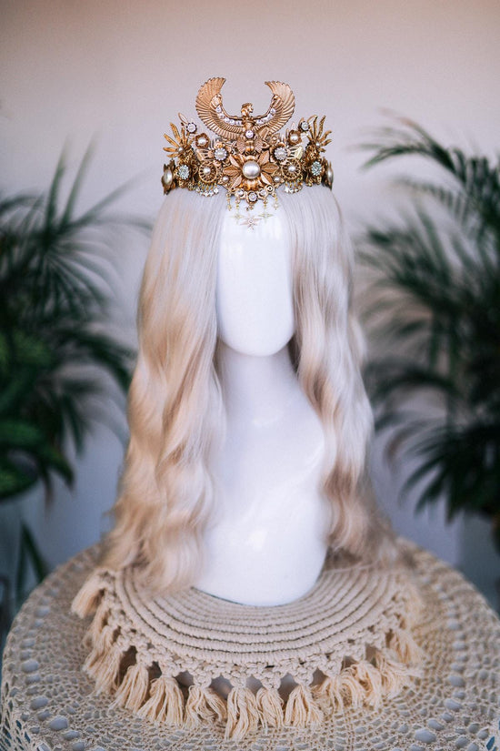 Golden Cleopatra Crown, Egyptian Goddess Headpiece, Festival Tiara, Halloween Costume, Pharaoh Queen, Gold Statement Crown