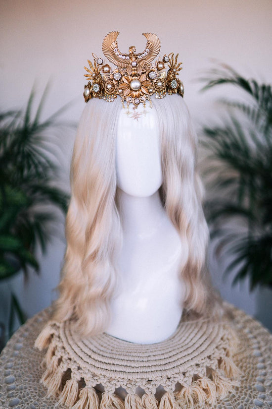 Golden Cleopatra Crown, Egyptian Goddess Headpiece, Festival Tiara, Halloween Costume, Pharaoh Queen, Gold Statement Crown