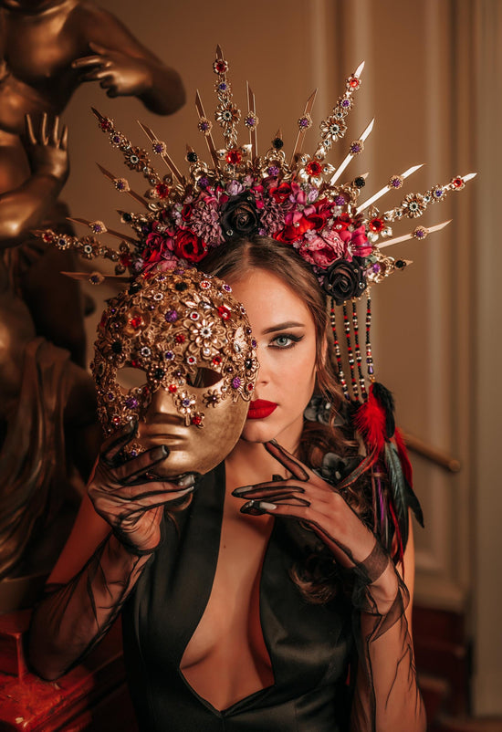Gold Venetian Carnival Mask,Flower Halo Crown and Hair pins
