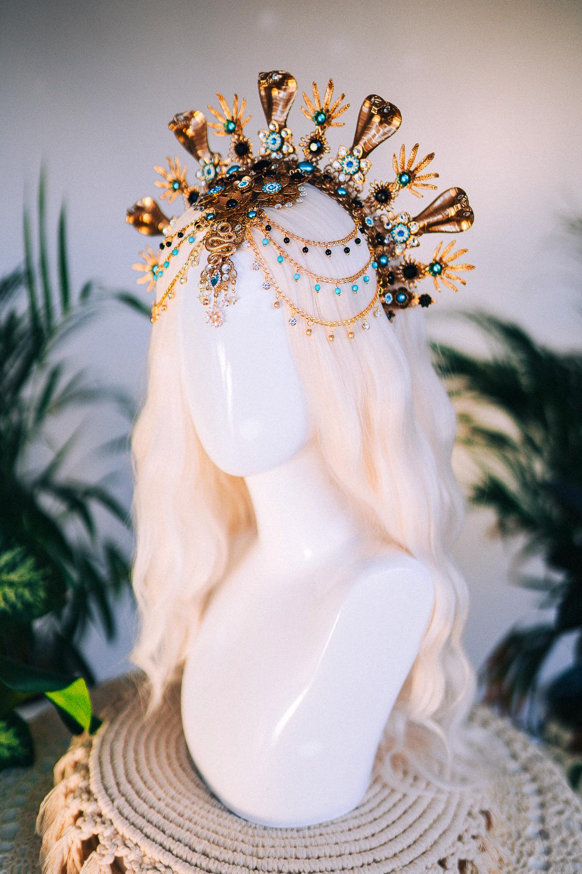 Cleopatra Crown, Gold Cobra Headdress, Egyptian Goddess, Sunburst Tiara, Blue Crystal Headpiece, Festival Halo, Regal Queen, Statement Crown